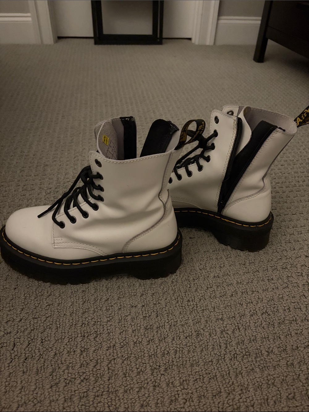 Dr. Martens White Leather Lace-Up Combat Boots with Black Accents